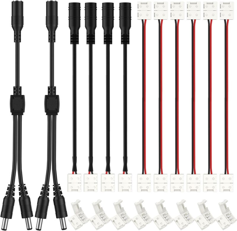 HitLights LED Strip Connector 2Pin 8mm Connector Kit Include Solderless Gapless Connector, 6Inch Jumper Connector, DC Female and Connector, DC Jack Splitter for 3528 5050 LED Strips - Image 1
